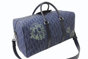 Dior ディオール DENIM TEARS デニムティアーズ ランゴ50 ボストンバッグ 2WAY オブリーク ピースサイン レザー コットンデニム ネイビー シルバー金具 美品 中古 4b004427