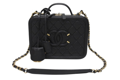 新品同様 CHANEL シャネル CCフィリグリー バニティバッグ ショルダーバッグ 28番台 キャビアスキン ブラック ゴールド金具 中古 4b004233