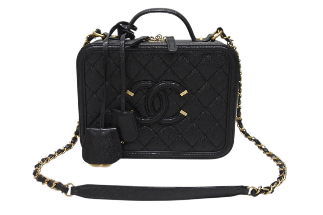 新品同様 CHANEL シャネル CCフィリグリー バニティバッグ ショルダーバッグ 28番台 キャビアスキン ブラック ゴールド金具 中古 4b004233
