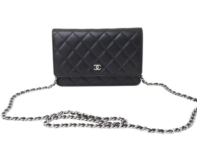極美品 CHANEL シャネル チェーンウォレット ショルダーバッグ ランダム番台 ココマーク ラムスキン キルティング ブラック 中古 4b004237