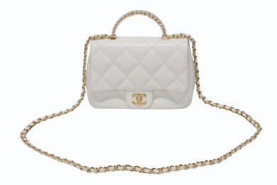 CHANEL シャネル トップハンドル ミニフラップ チェーンショルダーバッグ シャイニーカーフスキン ホワイト ゴールド金具 美品 中古 4b004238