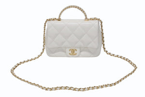 CHANEL シャネル トップハンドル ミニフラップ チェーンショルダーバッグ シャイニーカーフスキン ホワイト ゴールド金具 美品 中古 4b004238