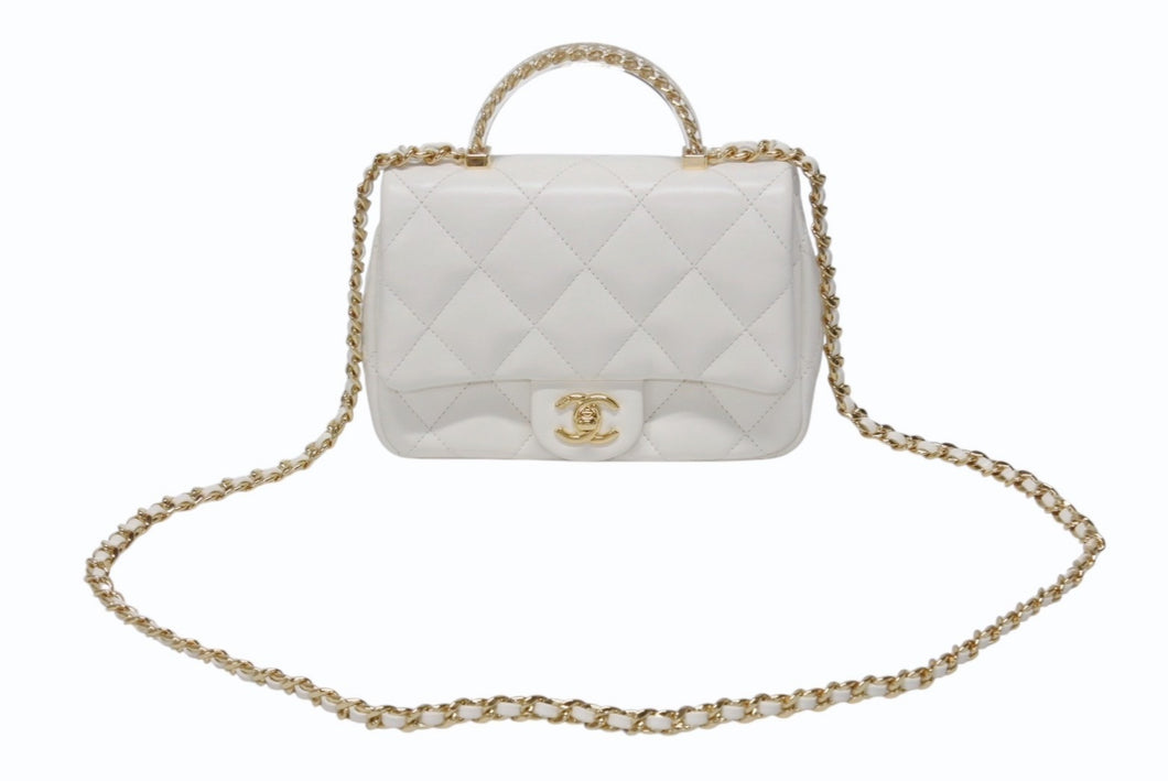 CHANEL シャネル トップハンドル ミニフラップ チェーンショルダーバッグ シャイニーカーフスキン ホワイト ゴールド金具 美品 中古 4b004238