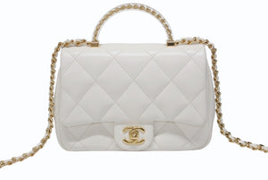 CHANEL シャネル トップハンドル ミニフラップ チェーンショルダーバッグ シャイニーカーフスキン ホワイト ゴールド金具 美品 中古 4b004238