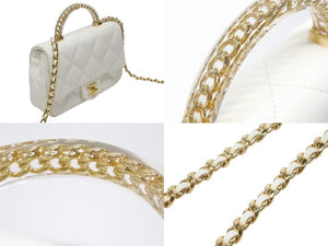 CHANEL シャネル トップハンドル ミニフラップ チェーンショルダーバッグ シャイニーカーフスキン ホワイト ゴールド金具 美品 中古 4b004238
