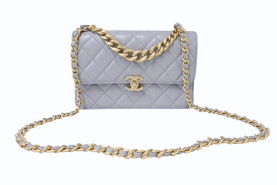 CHANEL シャネル マトラッセ チェーンショルダーバッグ ハンドバッグ IC ラムスキン グレー ゴールド金具 美品 中古 4b004239