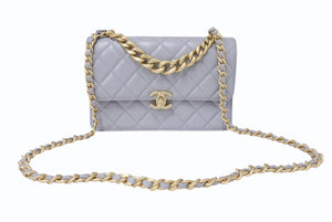 CHANEL シャネル マトラッセ チェーンショルダーバッグ ハンドバッグ IC ラムスキン グレー ゴールド金具 美品 中古 4b004239