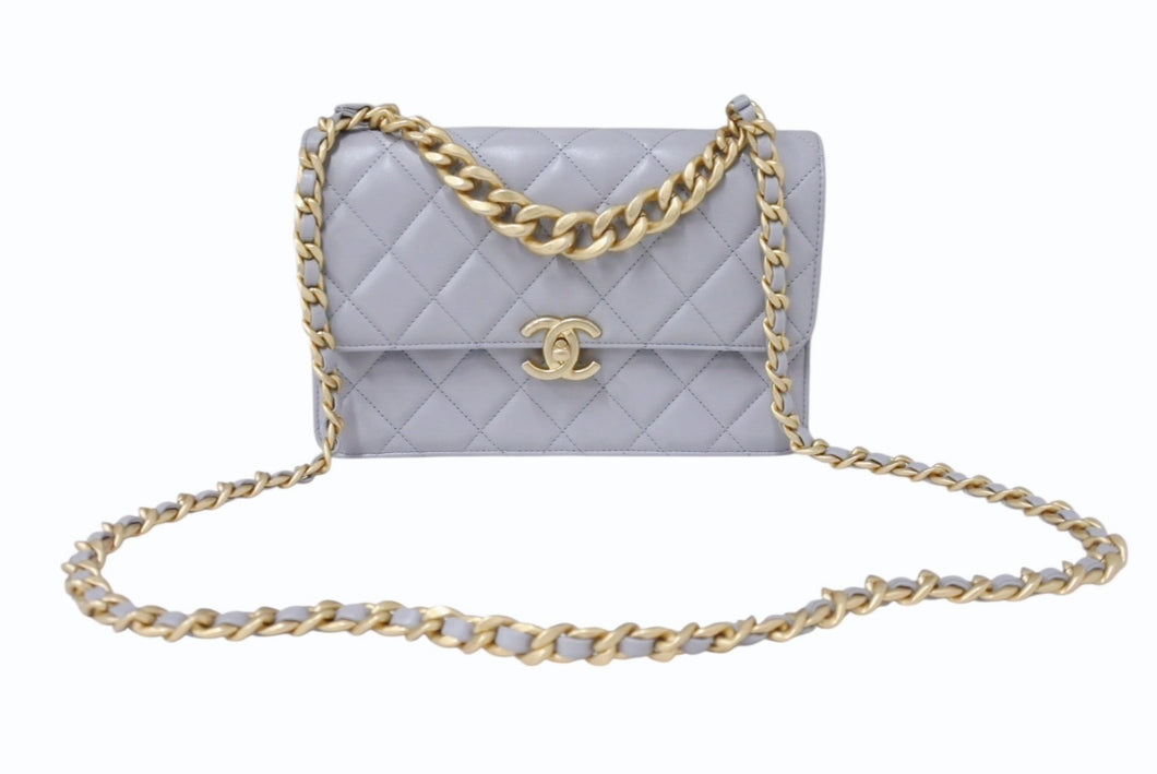 CHANEL シャネル マトラッセ チェーンショルダーバッグ ハンドバッグ IC ラムスキン グレー ゴールド金具 美品 中古 4b004239