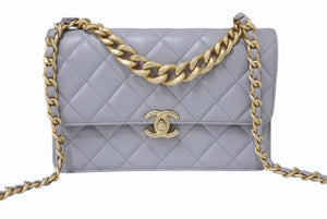 CHANEL シャネル マトラッセ チェーンショルダーバッグ ハンドバッグ IC ラムスキン グレー ゴールド金具 美品 中古 4b004239