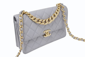CHANEL シャネル マトラッセ チェーンショルダーバッグ ハンドバッグ IC ラムスキン グレー ゴールド金具 美品 中古 4b004239