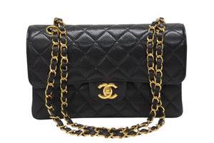 極美品 CHANEL シャネル マトラッセ23 Wフラップ Wチェーン ショルダーバッグ 6番台 キャビアスキン ココマーク ブラック ゴールド金具 中古 4b004245