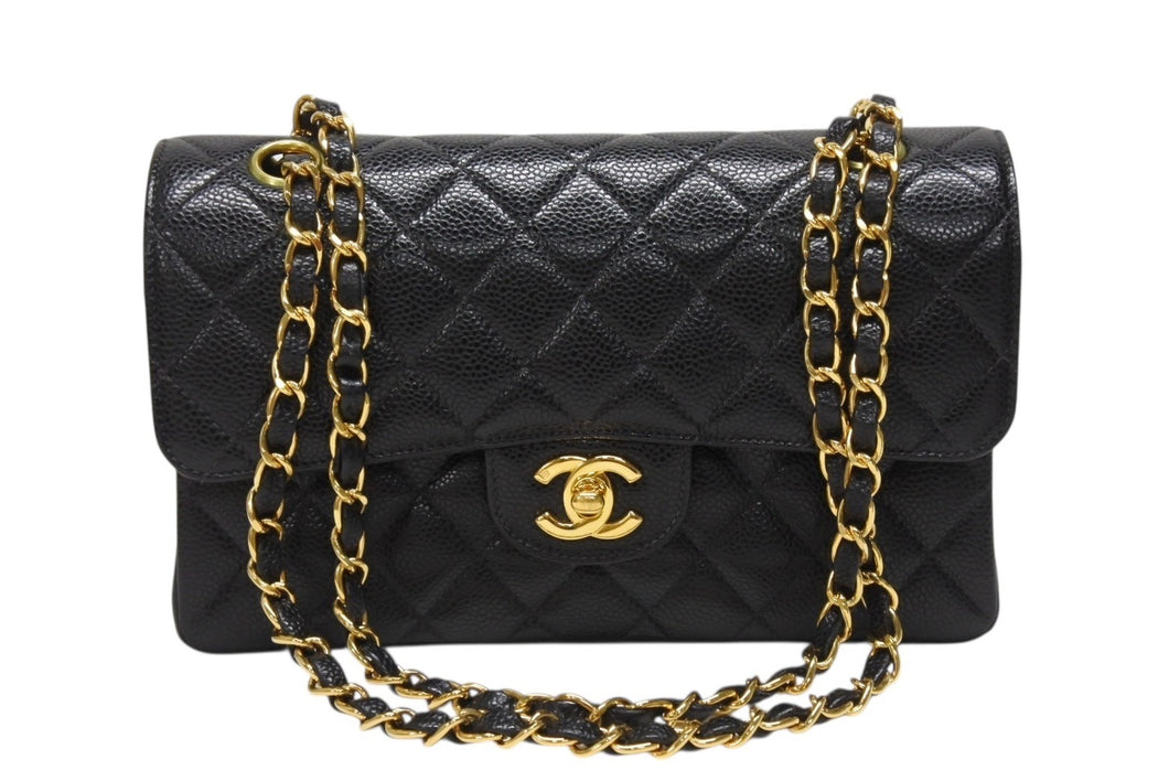 極美品 CHANEL シャネル マトラッセ23 Wフラップ Wチェーン ショルダーバッグ 6番台 キャビアスキン ココマーク ブラック ゴールド金具 中古 4b004245
