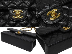 極美品 CHANEL シャネル マトラッセ23 Wフラップ Wチェーン ショルダーバッグ 6番台 キャビアスキン ココマーク ブラック ゴールド金具 中古 4b004245