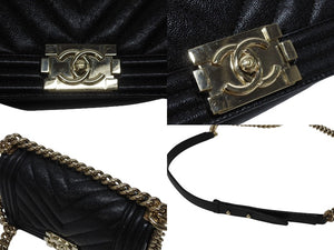 極美品 CHANEL シャネル ボーイシャネル シェブロン Vステッチ チェーン ショルダーバッグ 28番台 キャビアスキン ココマーク ブラック ゴールド金具 中古 4b004256
