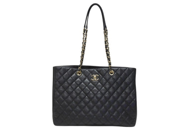 CHANEL シャネル ココマーク マトラッセライン チェーントートバッグ ラージ A91046 23番台 キャビアスキン ブラック ゴールド金具 美品 中古 4b004258