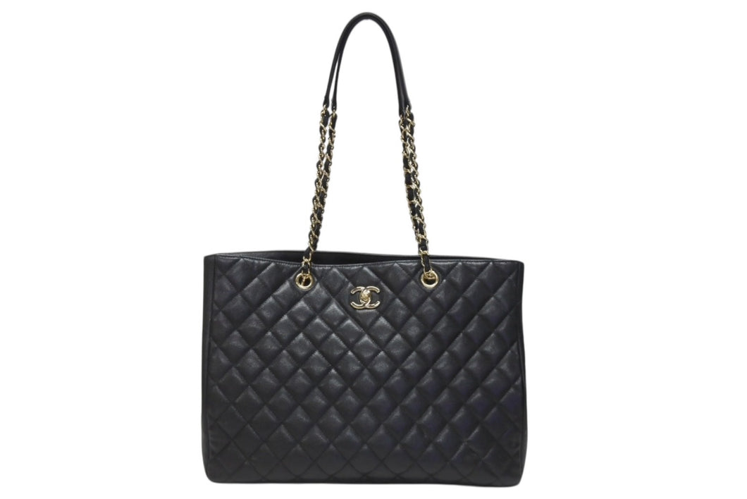 CHANEL シャネル ココマーク マトラッセライン チェーントートバッグ ラージ A91046 23番台 キャビアスキン ブラック ゴールド金具 美品 中古 4b004258