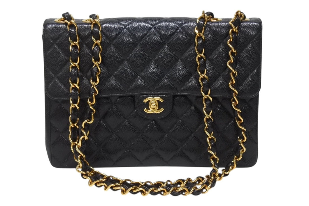 極美品 CHANEL シャネル マトラッセ30 シングルフラップ チェーン ショルダーバッグ キャビアスキン 7番台 ブラック ゴールド金具 中古 4b004260