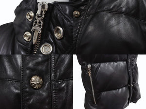 極美品 CHROME HEARTS クロムハーツ レザー ダウンジャケット サイズL クロスボール シルバー925 中古 4b004272 