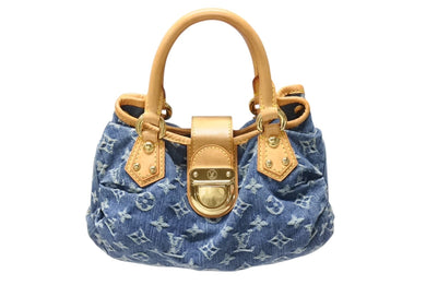 LOUIS VUITTON ルイヴィトン プリーティ ハンドバッグ M95020 モノグラム デニム レザー ブルー ゴールド金具 美品 中古 4b004297