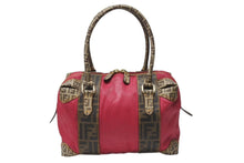 Load image into Gallery viewer, FENDI フェンディ ズッカ柄 ズッキーノ ロゴ ハンドバッグ コットン レザー ブラウン ベージュ ピンク ゴールド金具 美品 中古 4b004299