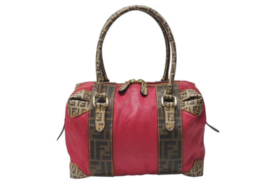 FENDI フェンディ ズッカ柄 ズッキーノ ロゴ ハンドバッグ コットン レザー ブラウン ベージュ ピンク ゴールド金具 美品 中古 4b004299