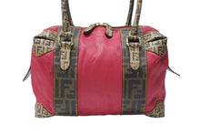 Load image into Gallery viewer, FENDI フェンディ ズッカ柄 ズッキーノ ロゴ ハンドバッグ コットン レザー ブラウン ベージュ ピンク ゴールド金具 美品 中古 4b004299