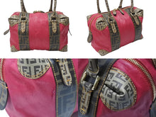 Load image into Gallery viewer, FENDI フェンディ ズッカ柄 ズッキーノ ロゴ ハンドバッグ コットン レザー ブラウン ベージュ ピンク ゴールド金具 美品 中古 4b004299