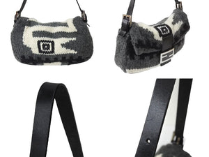 極美品 FENDI フェンディ マンマバケット ウール ワンショルダーバッグ 16160590992 グレー ブラック ホワイト シルバー金具 中古 4b004311