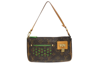 LOUIS VUITTON ルイヴィトン モノグラムペルフォ ポシェット アクセソワール ハンドバッグ ブラウン グリーン M95184 美品 中古 4b004318