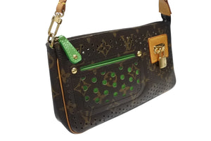 LOUIS VUITTON ルイヴィトン モノグラムペルフォ ポシェット アクセソワール ハンドバッグ ブラウン グリーン M95184 美品 中古 4b004318