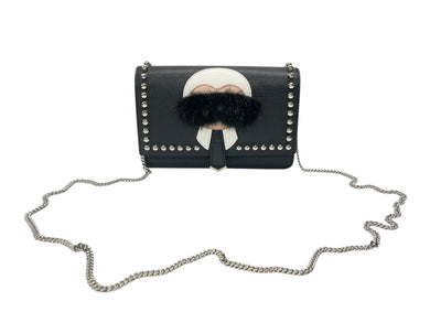 極美品 FENDI フェンディ ショルダーバッグ チェーンウォレット カールラガーフェルド 8M0346 レザー ブラック シルバー金具 中古 4b004329