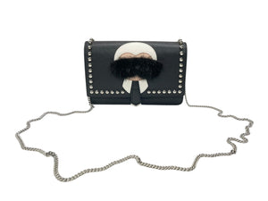 極美品 FENDI フェンディ ショルダーバッグ チェーンウォレット カールラガーフェルド 8M0346 レザー ブラック シルバー金具 中古 4b004329