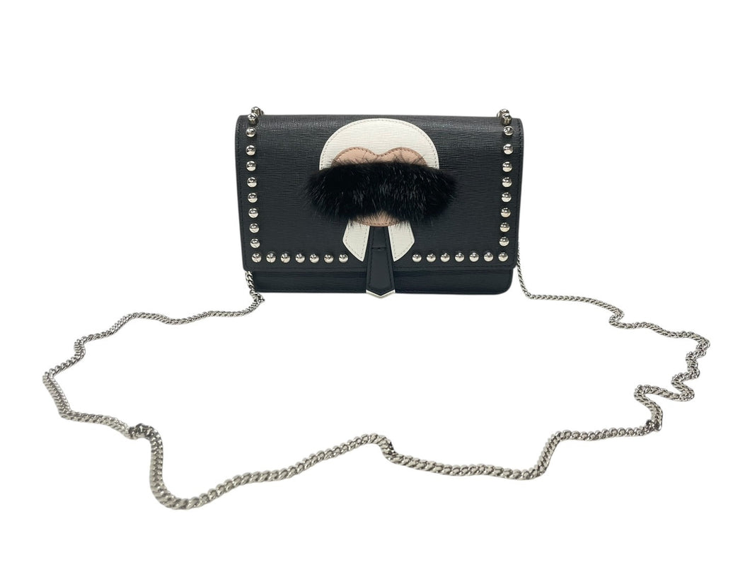 極美品 FENDI フェンディ ショルダーバッグ チェーンウォレット カールラガーフェルド 8M0346 レザー ブラック シルバー金具 中古 4b004329