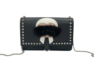極美品 FENDI フェンディ ショルダーバッグ チェーンウォレット カールラガーフェルド 8M0346 レザー ブラック シルバー金具 中古 4b004329