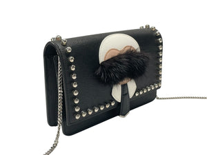 極美品 FENDI フェンディ ショルダーバッグ チェーンウォレット カールラガーフェルド 8M0346 レザー ブラック シルバー金具 中古 4b004329
