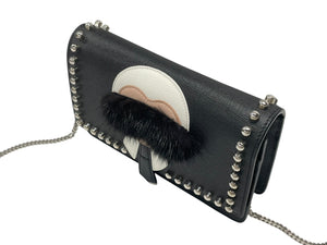 極美品 FENDI フェンディ ショルダーバッグ チェーンウォレット カールラガーフェルド 8M0346 レザー ブラック シルバー金具 中古 4b004329