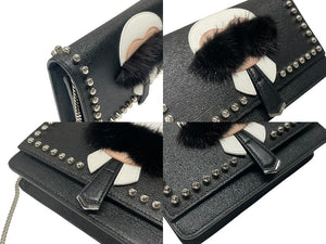 極美品 FENDI フェンディ ショルダーバッグ チェーンウォレット カールラガーフェルド 8M0346 レザー ブラック シルバー金具 中古 4b004329