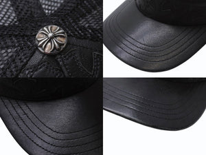 CHROME HEARTS クロムハーツ セメタリークロスパッチ トラッカーキャップ ONE SIZE レザー シルバー925 ブラック 美品 中古 4b004337 