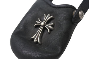 CHROME HEARTS クロムハーツ PHONE POUCH W/CH CROSS フォンポーチ W/CHクロス レザー シルバ−925 ブラック 美品 中古 4b004339 