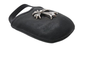 CHROME HEARTS クロムハーツ PHONE POUCH W/CH CROSS フォンポーチ W/CHクロス レザー シルバ−925 ブラック 美品 中古 4b004339 