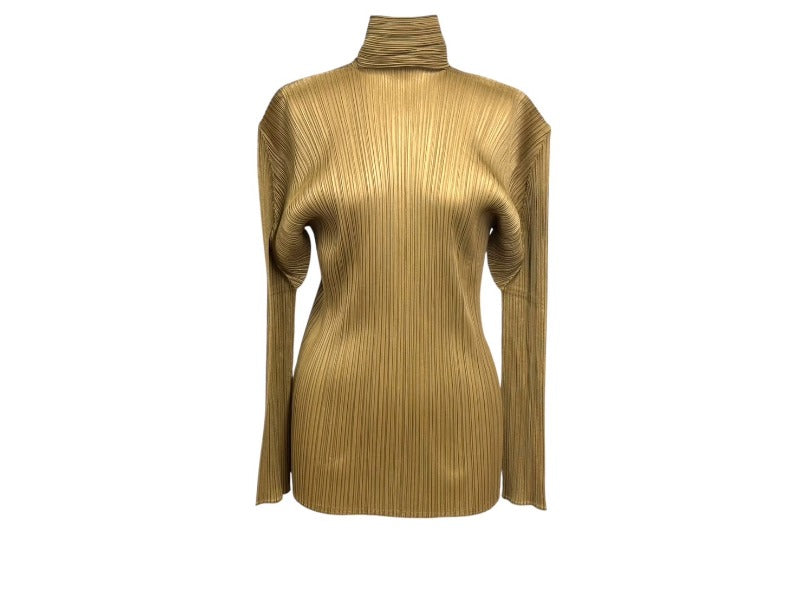 極美品 ISSEY MIYAKE イッセイミヤケ プリーツハイネックカットソー PLEATS PLEASE プリーツプリーズ ベージュ サイズM 中古 4b004346