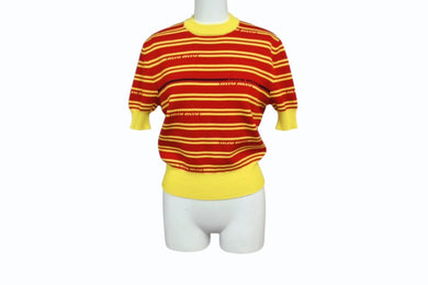 MIUMIU ミュウミュウ 半袖Ｔシャツ ロゴボーダー 半袖二ット イエロー レッド AMA2 2019 1113 ウール サイズ40 美品 中古 4b004353 