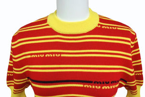 MIUMIU ミュウミュウ 半袖Ｔシャツ ロゴボーダー 半袖二ット イエロー レッド AMA2 2019 1113 ウール サイズ40 美品 中古 4b004353 