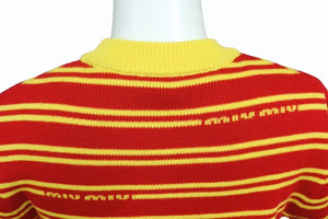 MIUMIU ミュウミュウ 半袖Ｔシャツ ロゴボーダー 半袖二ット イエロー レッド AMA2 2019 1113 ウール サイズ40 美品 中古 4b004353 