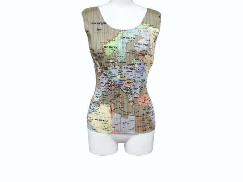 極美品 ISSEY MIYAKE イッセイミヤケ PLEATS PLEASE プリーツプリーズ World Map Shirt タンクトップ PP81-JK591 サイズ3 中古 4b004372