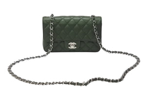 極美品 CHANEL シャネル 横長 20cm ショルダーバッグ ランダム 25番台 ミニマトラッセショルダーチェーン グリーン系 キャビアスキン 中古 4b004431