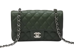 極美品 CHANEL シャネル 横長 20cm ショルダーバッグ ランダム 25番台 ミニマトラッセショルダーチェーン グリーン系 キャビアスキン 中古 4b004431