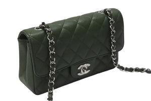 極美品 CHANEL シャネル 横長 20cm ショルダーバッグ ランダム 25番台 ミニマトラッセショルダーチェーン グリーン系 キャビアスキン 中古 4b004431