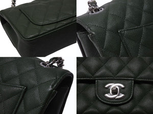 極美品 CHANEL シャネル 横長 20cm ショルダーバッグ ランダム 25番台 ミニマトラッセショルダーチェーン グリーン系 キャビアスキン 中古 4b004431