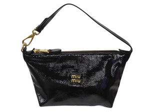 極美品 MIUMIU ミュウミュウ ハンドバッグ ポーチ ショルダーバッグ ワンハンドル パテントレザー ブラック ゴールド金具 中古 4b004445